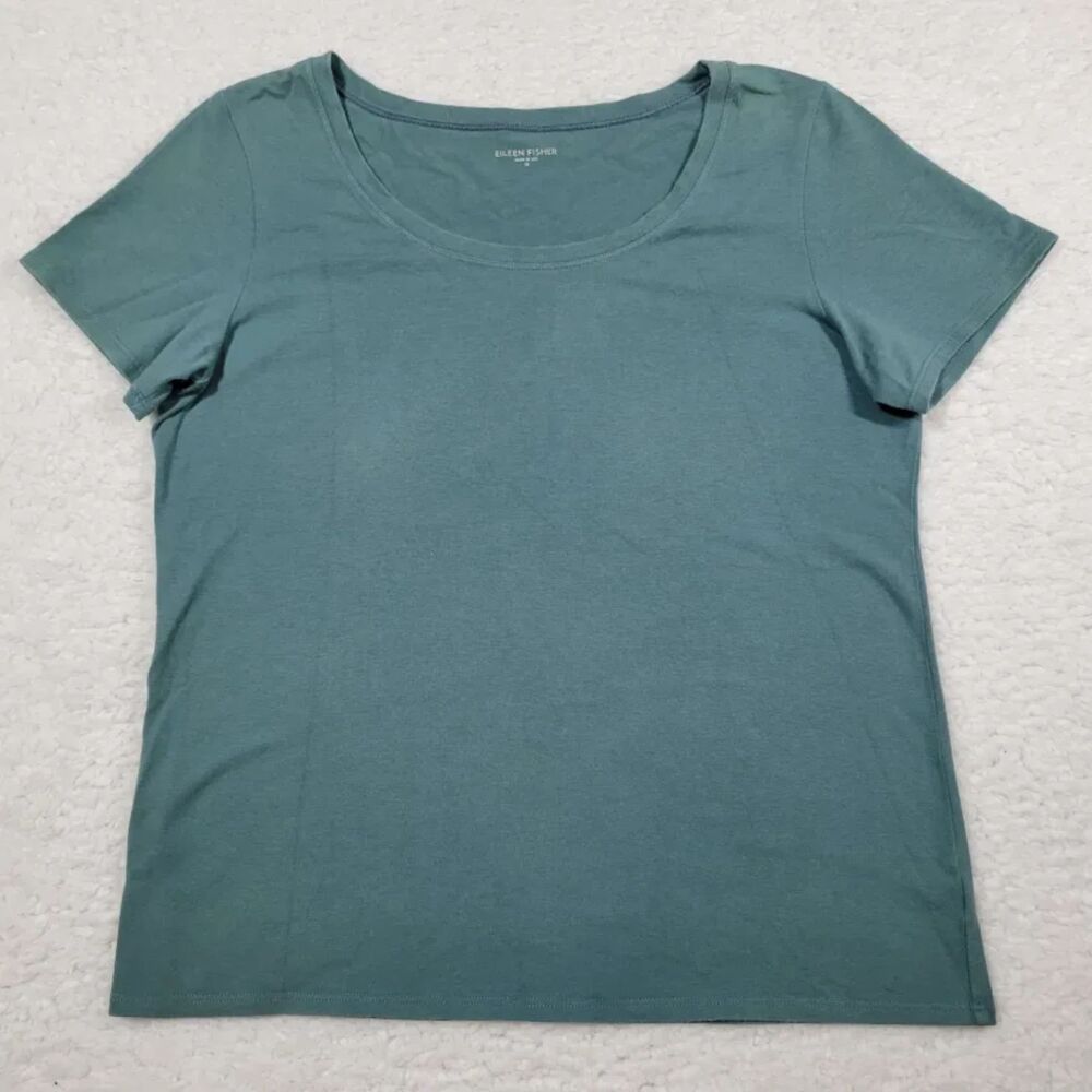 EILEEN FISHER Women's Medium Teal Organic Cotton Short Sleeve Round Neck T Shirt